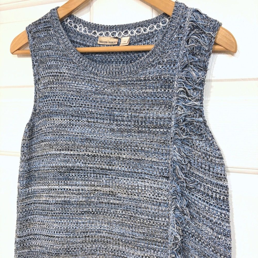 Anthro Holding Horses‎ Motif Fringe Knit Woven Dress XS Blue Knee Length